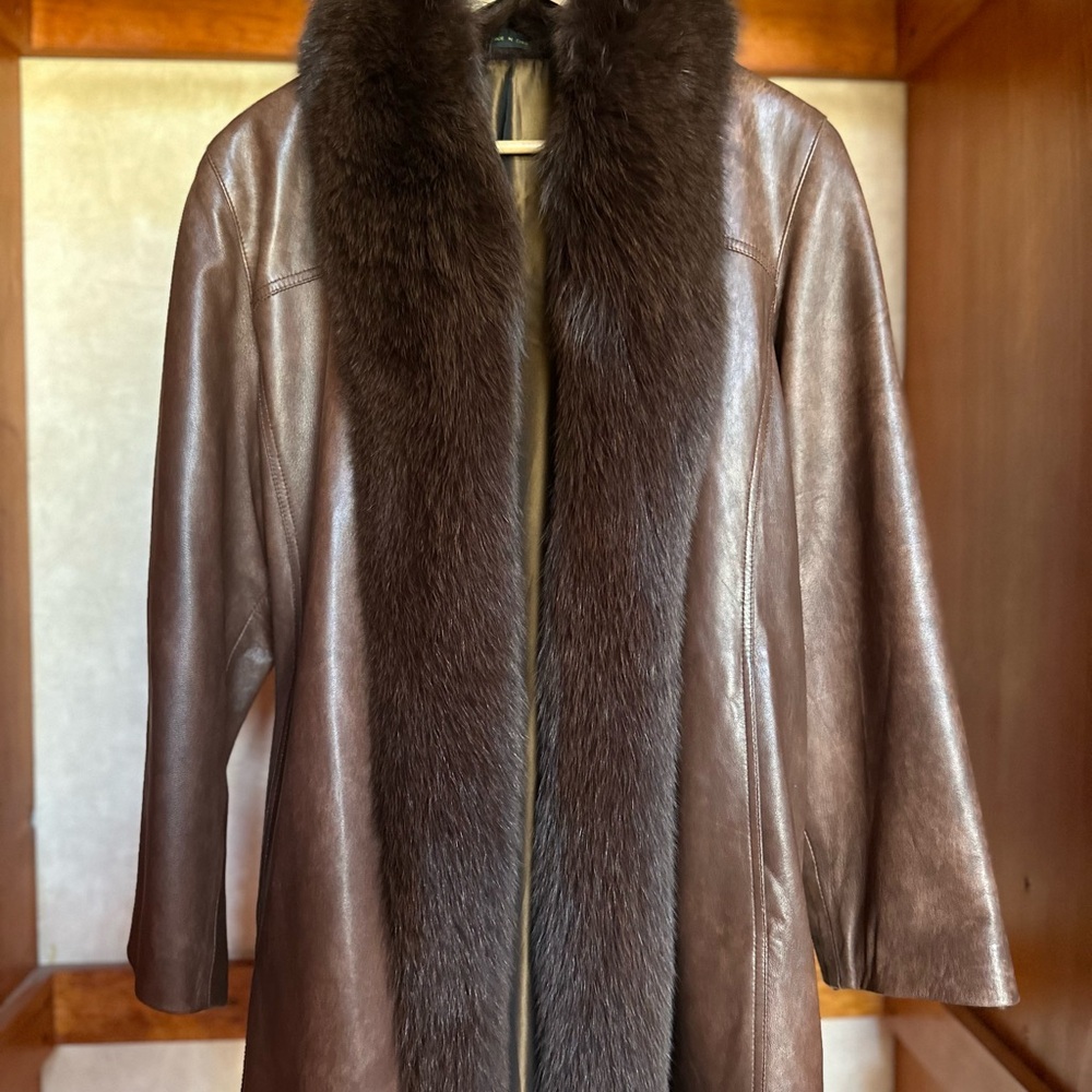 Brown Leather Coat with Fur Trim